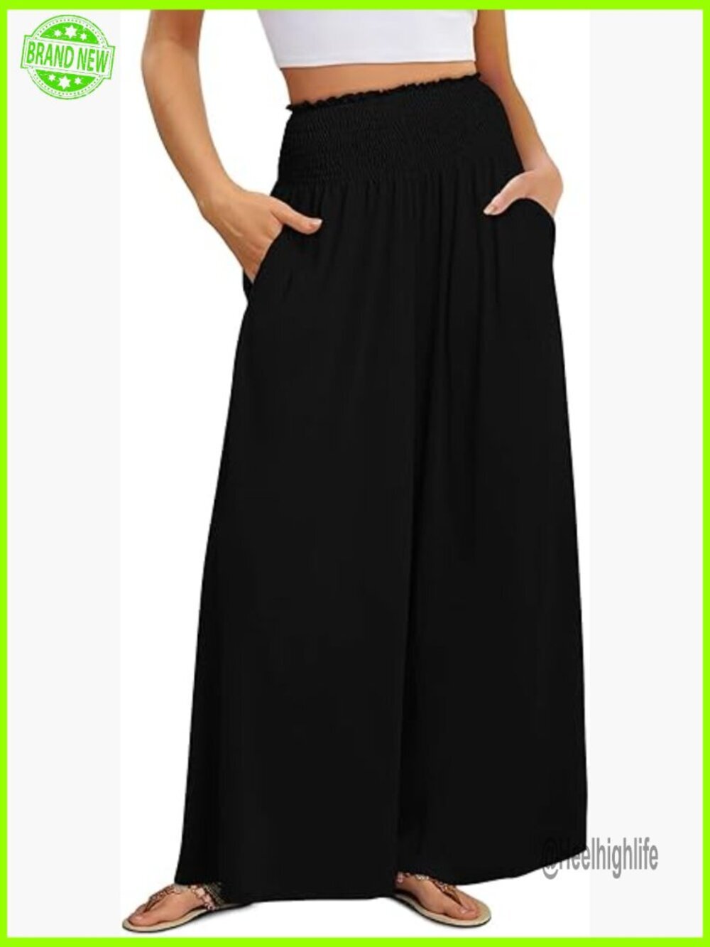 Wide Leg Palazzo Pants with Pockets Smocked Waist Lightweight Summer Casual